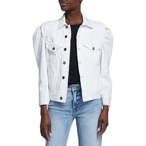 FRAME Denim Rosette Puff Sleeve Denim Jacket Rumpled Blanc White Small